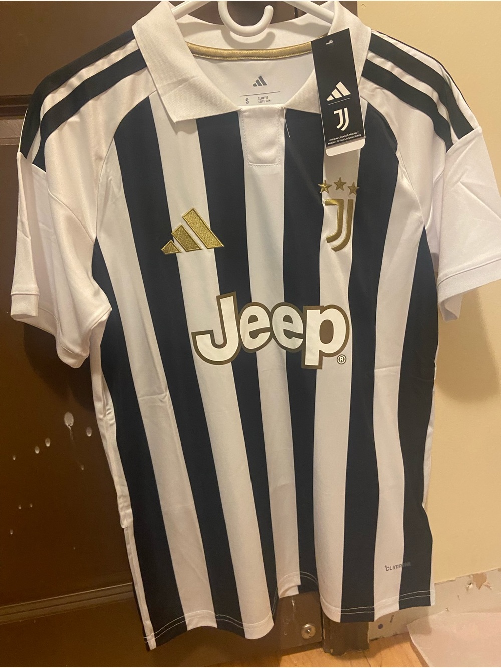 Adidas Juventus Black & White Striped Soccer Jersey with Gold Accents